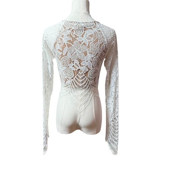 For Love & Lemons Guava Lace Crop Top Size XS Scalloped Hem Long Sleeves - Picture 12 of 14